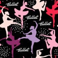 Seamless vector pattern from silhouettes of dancing ballerinas. Lettering ballet. Royalty Free Stock Photo