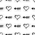 Seamless vector pattern. Simple black and white background with hand drawn hearts and arrows