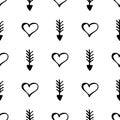 Seamless vector pattern. Simple black and white background with hand drawn hearts and arrows Royalty Free Stock Photo