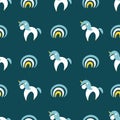 Seamless vector pattern with simple unicorns and rainbowa on a dark teal background