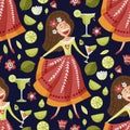 Mexican girl seamless vector pattern.