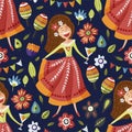 Seamless vector pattern with singing happy Mexican girl.