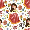 Seamless vector pattern with singing happy Mexican girl.