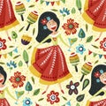 Seamless vector pattern with singing happy Mexican girl.