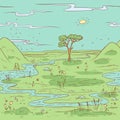 Seamless vector pattern sketch of the summer landscape. The background panorama of the natural terrain.