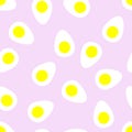 Seamless vector pattern with sliced boiled eggs, halfs of chicken eggs on purple background