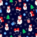 Seamless vector pattern with snowman, Christmas tree and gifts. Royalty Free Stock Photo