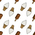 Seamless vector pattern of soft serve ice cream cones and chocolate bars on a white background Royalty Free Stock Photo