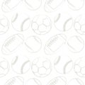 Seamless vector pattern with sport equipment. Black and white background with tennis balls, footballs, basketballs and socer balls