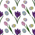 Seamless vector pattern of spring tulips, crocuses, and decorative Easter eggs Royalty Free Stock Photo