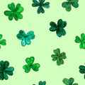 Seamless vector pattern for St. Patrick day. Hand drawn watercolor clover leaves on green background.