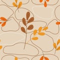 Seamless vector pattern.Stylized leaves, twigs and natural stones in a terracotta autumn color scheme.