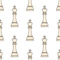Seamless vector pattern of stylized light beige chess king pieces with black outlines on a white background, evoking a minimalist Royalty Free Stock Photo