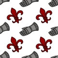 Seamless vector pattern of a stylized medieval gauntlet and a red fleur-de-lis, featuring a clean, graphic style with bold Royalty Free Stock Photo