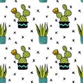 Seamless vector pattern with succulents: cactus, aloe, potted plants