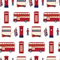 Seamless vector pattern with symbols of London such as English red double-decker bus, red street telephone box, red Royalty Free Stock Photo