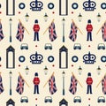 Seamless vector pattern with symbols of London such as the English royal guard black box, the British flag Union Jack, a