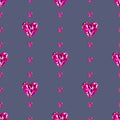 Seamless vector pattern, symmetrical background with bright pink gemstones in the shape of hearts