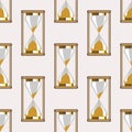 Seamless vector pattern. Symmetrical background with closeup gold sandglasses on the grey backdrop