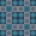 Seamless vector pattern. Symmetrical geometric background with blue and light pink squares and circles on dark blue backdrop. Deco Royalty Free Stock Photo