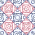 Seamless vector pattern. Symmetrical geometric background with red and blue rhombus and circles on the white backdrop. Decorative Royalty Free Stock Photo