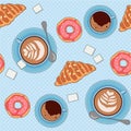 Seamless vector pattern with tea and coffee cups, cookies and pastry Royalty Free Stock Photo