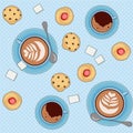 Seamless vector pattern with tea and coffee cups, cookies and pastry Royalty Free Stock Photo