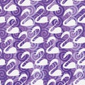 Seamless vector pattern with textured purple background and stylized swans silhouettes