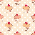 Seamless vector pattern or tile texture with cherry and hearts cupcakes and white polka dots on pink background