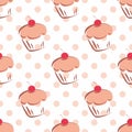 Seamless vector pattern or tile texture with hand drawn cherry cupcakes and baby pink polka dots on white Royalty Free Stock Photo
