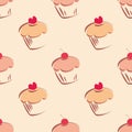 Seamless vector pattern or tile texture with little cupcakes, muffins, sweet cake cherry and red heart on top. Royalty Free Stock Photo