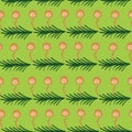 Seamless vector pattern tiny apricot pink mushrooms on green branch on light green background.