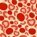 Seamless vector pattern with tomato and tomato slices. Bright vegetable pattern