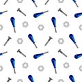 Seamless vector pattern with tools. Chaotic baackground with screws, nuts and screwdrivers on the white backdrop