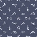 Seamless vector pattern with tools. Hand sketch drawn background with hammers, screws, nuts and wrenches on the blue backdrop.