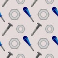 Seamless vector pattern with tools. Symmetrical background with screws, nuts and screwdrivers on the grey backdrop