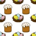 Seamless vector pattern of traditional Easter cakes with colorful sprinkles and nests filled with pastel-colored eggs, perfect for Royalty Free Stock Photo