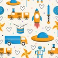 Seamless vector pattern with train, robot, truck, rocket, ball, drum, pinwheel, ufo and sword. Childish backdrop for textile,