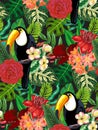 Seamless vector pattern with tropic bird toucan with exotic flowers and palm leaves.