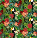 Seamless vector pattern with tropic bird toucan, parrots with exotic flowers and palm leaves.