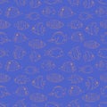 Seamless vector pattern Tropical fish coral on blue. Swimming Butterflyfish, Clown Triggerfish, Damsel, Anemonefish, Angelfish, Royalty Free Stock Photo