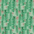 Seamless vector pattern with tropical hand sketches orchid leaves and flowers in greens and pink