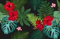 Seamless vector pattern tropical leaves with red hibiscus flower and pink orchid Royalty Free Stock Photo