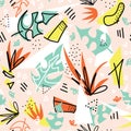 Seamless vector pattern tropical plants and shapes. Geometric shapes and monstera palm leaves repeating background