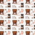 Seamless vector pattern of turk, ibrik, geyser coffee maker, coffee pot, coffee beans, cups. Vector seamless pattern.