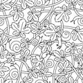 Seamless vector pattern from twisted branches, snails and leaves. Black linear pattern.