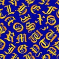 Seamless vector pattern - noble typographic letter salad with golden Cloister Black letters on a blue background