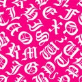 Seamless vector pattern - noble typographic letter salad with white Cloister Black letters on a pink background