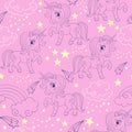 Seamless vector pattern with unicorns and cosmic elements Royalty Free Stock Photo