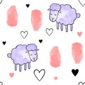 Seamless vector pattern for Valentines Day. Watercolor. Hearts and sheep